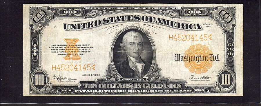 Fr.1173, 1922 $10 Gold Certificate, H45204145, Very Fine [25]
